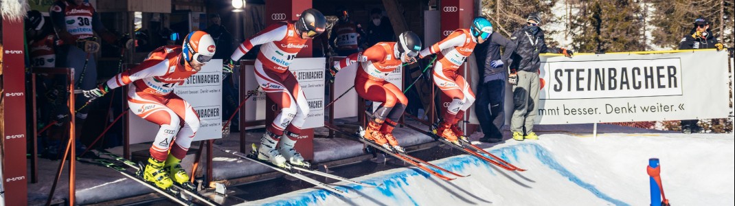 In skicross, all participants start on the track at the same time.
